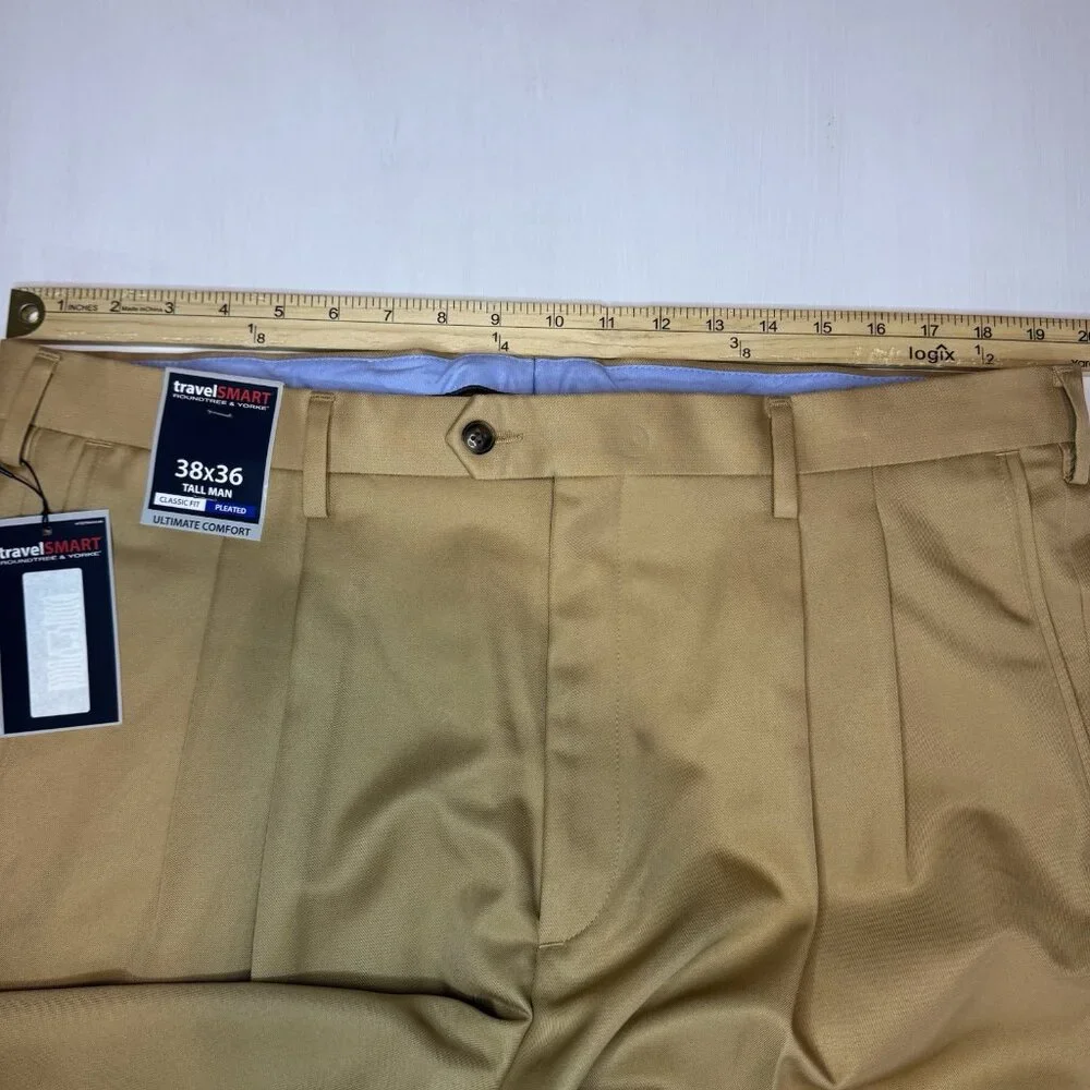NWT Roundtree & Yorke Pants Travel Smart Mens Tall 38x36 Dress Tan Pleated - Picture 8 of 12